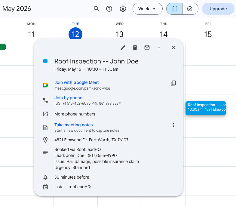 Screenshot of a booked RoofLeadHQ calendar appointment