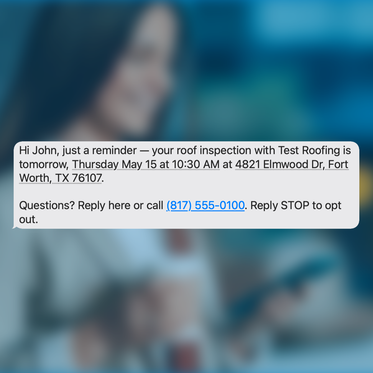 Screenshot of a RoofLeadHQ appointment reminder message
