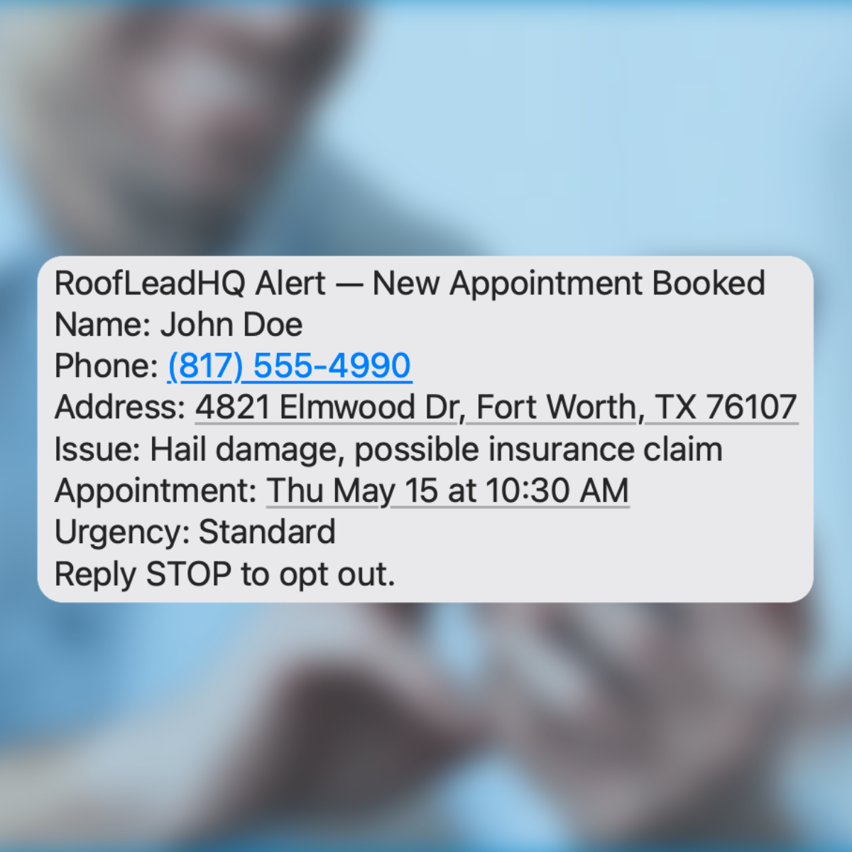 Screenshot of a RoofLeadHQ roofer alert notification